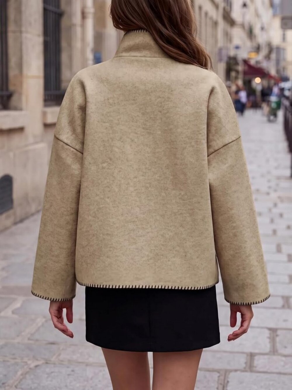Cropped Oversized Wool Peacoat with Stand Collar for Women - Winter Fashion - Picture 6 of 6